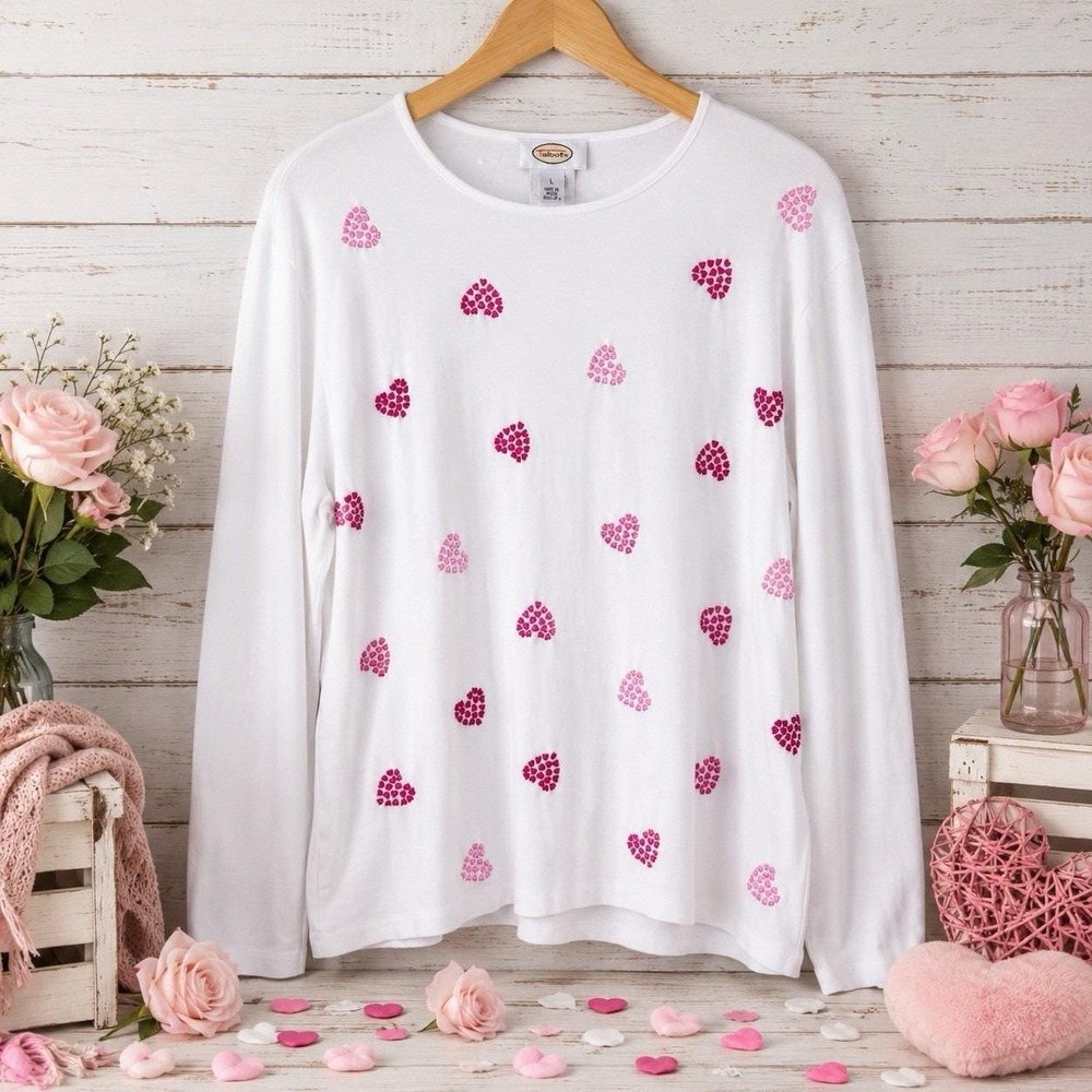 Talbots Womens Large White Pink Heart Print Long Sleeve Cotton Knit Top
